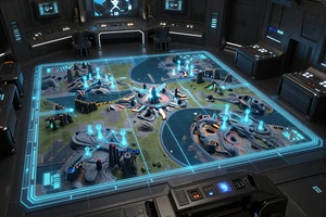 Helix Command - tactical sci-fi strategy game cover showing a holographic alien battle map in a futuristic war room