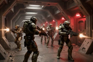 Fracture Protocol - co-op sci-fi shooter cover art showing an armored squad breaching an alien base under red emergency lighting