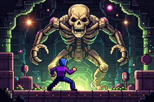 Crypt Rift - pixel art roguelite dungeon crawler cover showing a hero facing a skeletal boss in a glowing underground crypt