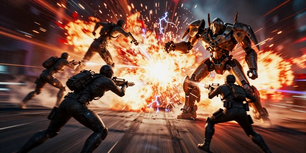 Fast-Paced Action Picks collection banner - explosive combat scene with mechs and soldiers amid fire and energy effects
