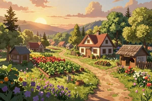 Verdant Valley - cozy indie farming simulation cover art with a magical valley village at golden sunset