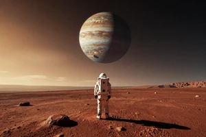 Outer Meridian - open world space exploration game cover showing an astronaut on a red planet surface gazing at a gas giant