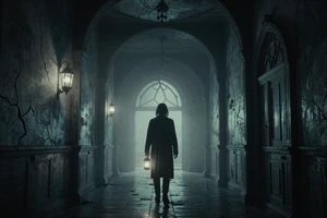 Warden's Keep - atmospheric horror puzzle game cover showing a lantern-bearer in a foggy gothic mansion corridor
