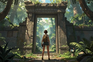 Hollow Signal - narrative adventure game cover art showing an explorer at a glowing ancient portal in jungle ruins