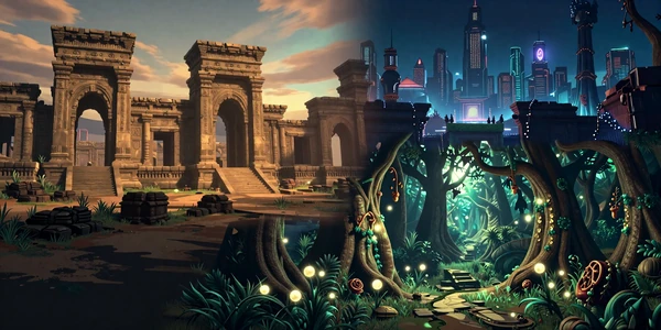 Narrative-Driven Worlds collection banner - a cinematic collage of ancient ruins, a futuristic city, and an enchanted forest