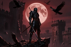 Ashenmere Chronicles - dark fantasy RPG cover art featuring an armored warrior beneath a crimson moon