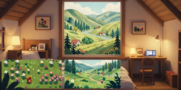 Relaxed Indie Escapes collection banner - cozy cabin interior, pixel art garden, and watercolor hills in warm amber tones
