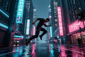 Neon Shift - cyberpunk parkour game cover showing a runner leaping between rain-soaked neon-lit skyscrapers