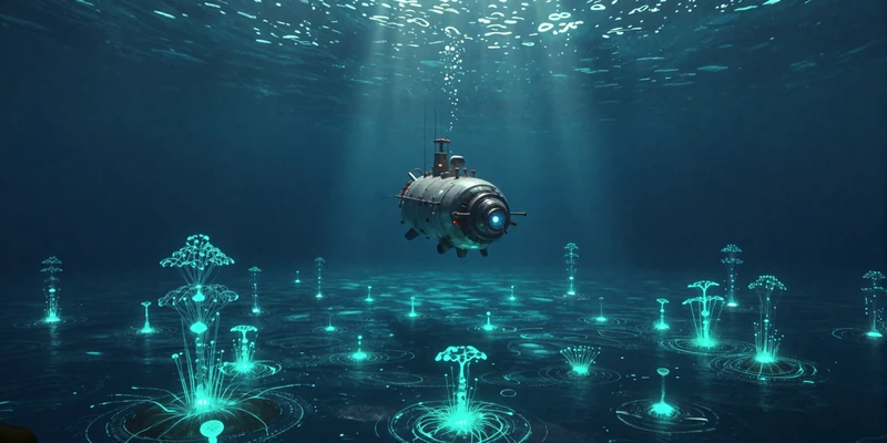 Abyssal Drift - editor's pick of the week showing an alien ocean world with bioluminescent sea creatures and a descending submarine